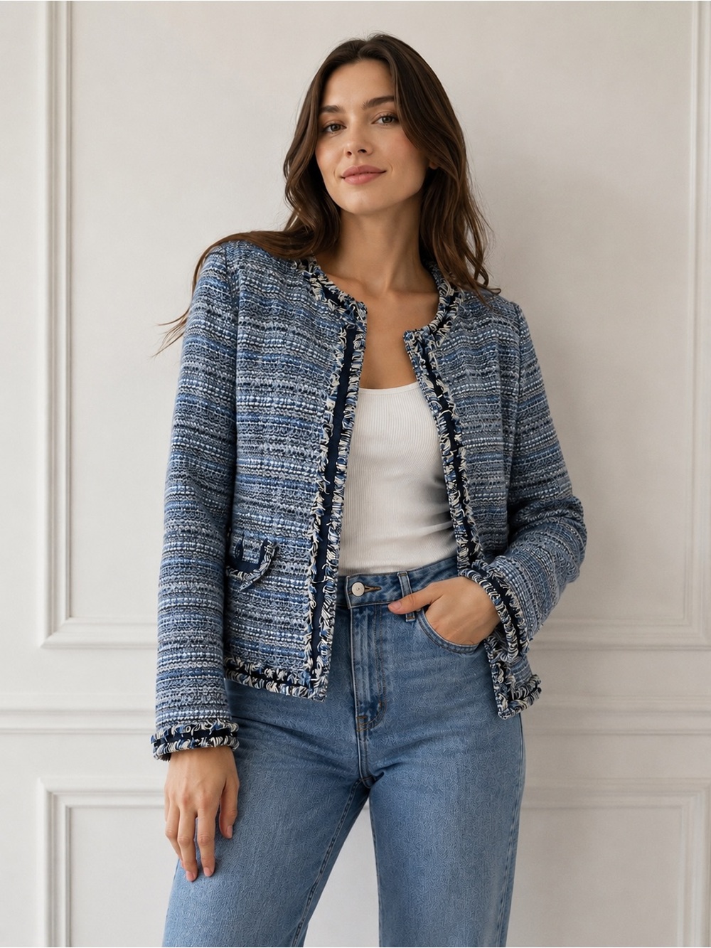 Charter club tweed Fringe Trim Jacket blazer open front blue black white S